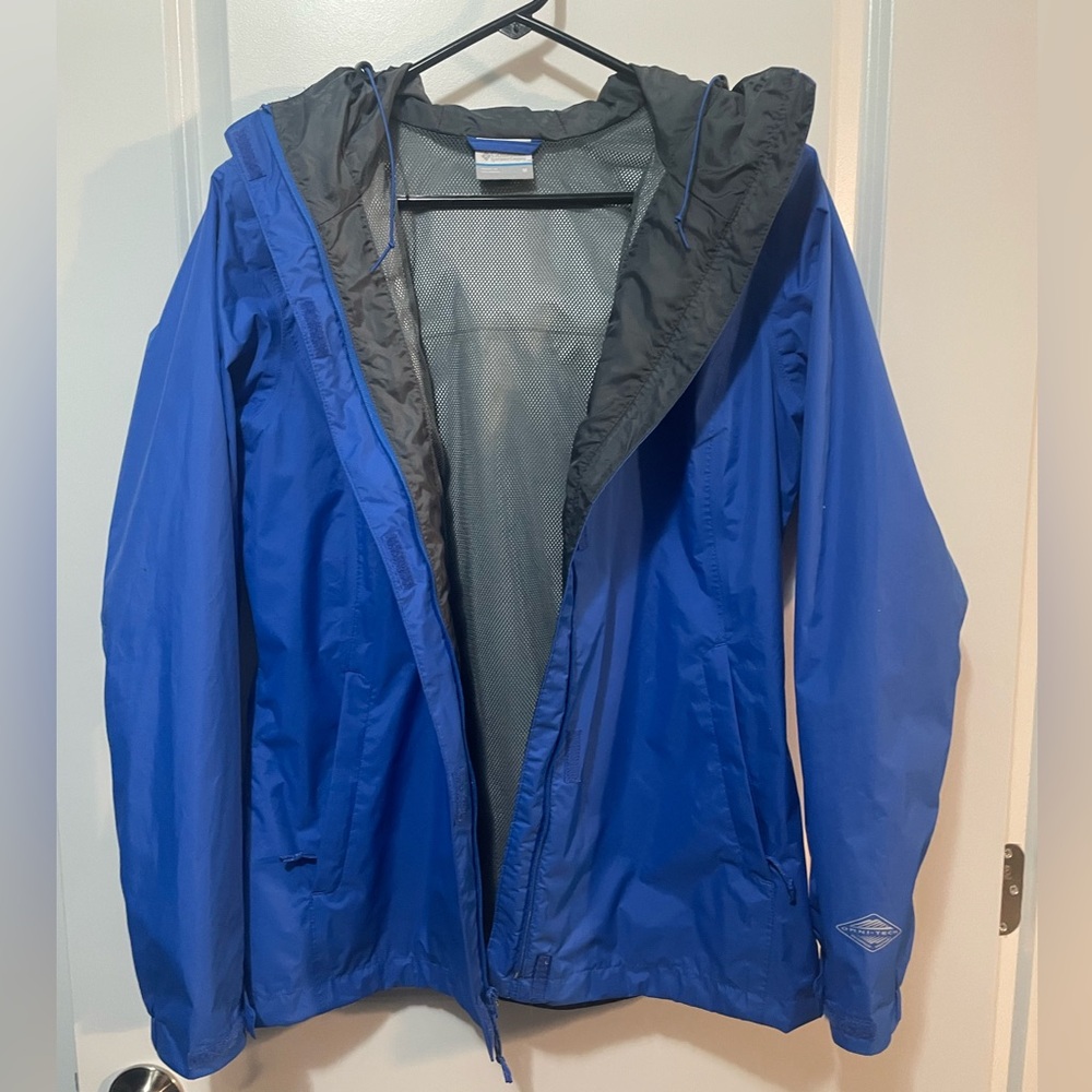 Columbia Bright Blue Hooded Rain Jacket Mesh Lining Sz M - Picture 2 of 9